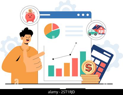 Personal Finance Management Vector Illustration Depicting Money Spending Habits, Purchase Planning, Financial Goal Setting, and Budget Management Stock Vector