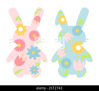 Two flat cartoon bunny silhouettes with floral patterns in pastel shades. One is pink, the other blue, decorated with flowers and leaves. Spring vector illustration Stock Vector
