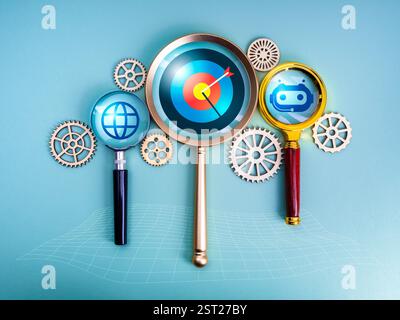 Artificial Intelligence service workflow and solution, business goal and success concept. Target dart, internet online globe and AI bot icons in magni Stock Photo