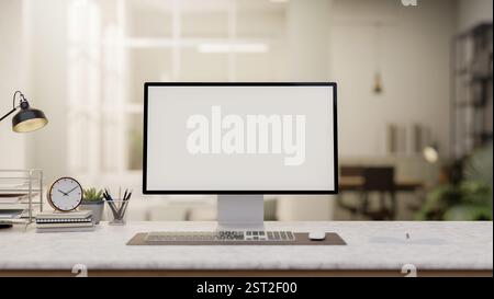 A close-up of a computer with a white screen mockup and decorative items on a white desk set in a modern office. place of work. 3d render, 3d illustra Stock Photo