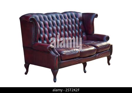 Vintage luxury leather sofa isolated on white backgrounds work with clipping path. Stock Photo