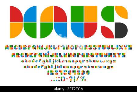 Art deco font, geometric typeface, 80s 90s type, decorative English alphabet featuring colorful, abstract shapes in each letter number and punctuation Stock Vector