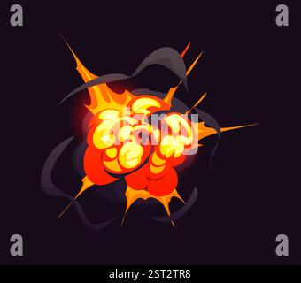 Bomb blast explosion cloud, comic fire and smoke, cartoon boom effect. Vector thrilling, intense, danger and dramatic impact in action. Bright explosi Stock Vector