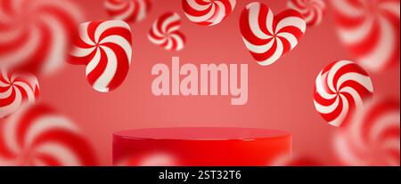 3D candy display with red podium surrounded by floating peppermint lollipops in heart and circular shapes. White spiral pattern swirls across crimson sugar treats on backdrop for product presentation. Stock Vector