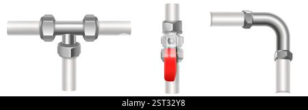 3d plumbing pipe connectors set - metallic tee joint, straight valve with red handle, bent fitting with hex nuts. Professional water supply equipment. Construction elements for bathroom and kitchen. Stock Vector