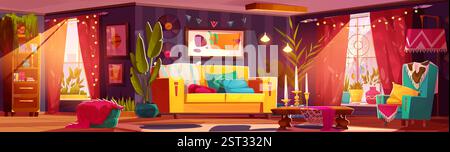 Boho living room with yellow sofa, green armchair, vinyl records and arts on wall, potted plants, sunlit windows with red curtains, wooden dining table, decorative candlestick for atmospheric interior Stock Vector