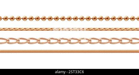 Golden chain jewel collection - yellow metallic links pattern, precious necklace variations, decorative beaded row, interlocking circular elements. Luxury accessories set for jewelry store design. Stock Vector