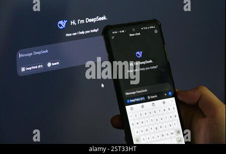 Seoul, South Korea - Feb 17, 2025 :A user using DeepSeek on a computer and smartphone, entering the question "What is DeepSeek?" Stock Photo