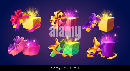 Open gift boxes set with glowing magical light inside and decorative bows - stars fly from colorful packages. Cartoon cute illuminated present containers for game rewards or bonus interface design. Stock Vector