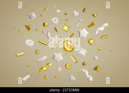 3d confetti pattern with floating gold and white stars, circles, triangles, rings, curved ribbons and geometric shapes. Realistic abstract celebratory decorative elements for festive designs. Stock Vector