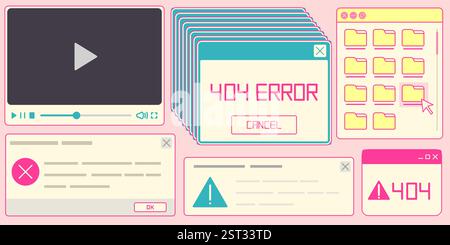 Retro internet system elements - video player with controls, stacked 404 error windows, folder navigation panel, warning messages with exclamation icons. Nostalgic 90s desktop interface components. Stock Vector