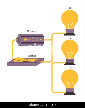 Electrical parallel circuit wire paths lightbulb energy technology inductor terminal science physic experiment educational electric energy icon design Stock Vector