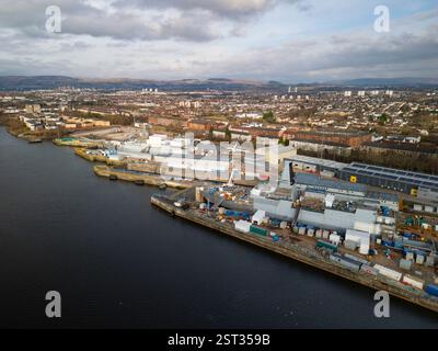 Aerial view HMS Glasgow and HMS Cardiff Type 26 frigates at BAE Systems shipyard at Scotstoun on the River Clyde, Glasgow, Scotland, uk Stock Photo