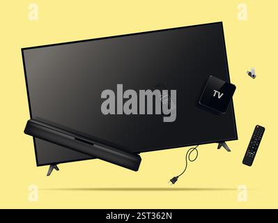Smart tv, remote control, soundbar, tv set-top box and flash drive levitation in the air. Vector illustration. Stock Vector
