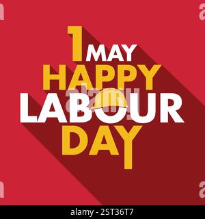 Happy Labour Day banner Design with yellow safety hat to celebrate workers day on 1st May. Labor Day poster, sticker, social media template. Typo Stock Vector