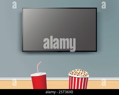 Watching TV with red paper cola cup and striped box with popcorn. Movie night at home with popcorn and cola. Vector illustration. Stock Vector