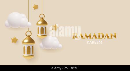 Luxury Eid Mubarak with realistic clouds, 3d golden mosque and ...