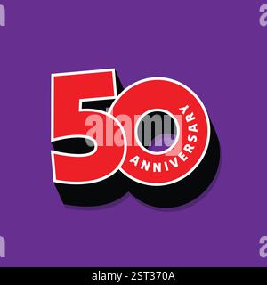 50th anniversary banner design with bold modern 3D text effect isolated on purple background. 50 years birthday celebration greeting card, sticker Stock Vector