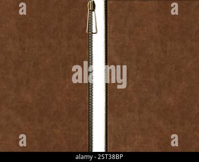 Leather background with zipper opened. Unzipped zipper or fastener. Open zip and leather texture of brown color. Isolated on white background. Copy sp Stock Photo
