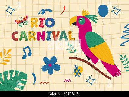Brazilian carnival vector poster. Exotic parrot with doodle elements. Trendy hand drawn illustration. Stock Vector