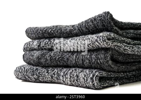 Top view of grey woolen winter socks on white background Stock Photo
