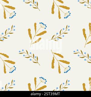 Botanical pattern, hand drawn abstract branches with blue berries on beige background. Vector illustration Stock Vector