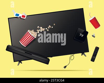 Smart tv, remote control, soundbar, tv set-top box, popcorn bucket, 3d glasses, red cola cup and usb flash drive levitation in the air. Vector illustr Stock Vector