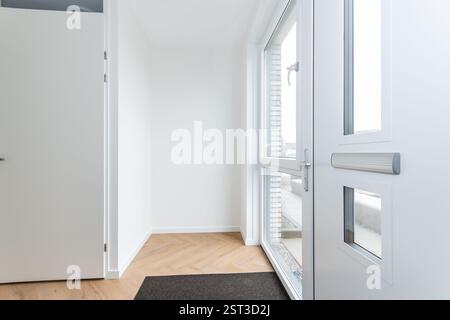Plain unfurnished interior reception room of modern new build residential smart house looking through glass front door window at further development Stock Photo