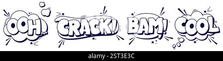 Black and white Speech bubbles pack with Ooh Crack Bam Cool worlds. Stock Vector