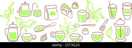 Matcha green tea. Cup, teapot, fresh leaves. Japanese traditional ceremony, whisk, healthy drink, bamboo spoon, candy, cake. Vector line collection. O Stock Vector