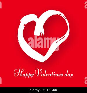 Hand drawn heart on red background. White grunge doodle heart with shadow. Romantic love symbol. Vector illustration. Stock Vector