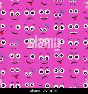 Cartoon faces with emotions. Seamless pattern with different emoticons on purple background. Vector illustration Stock Vector