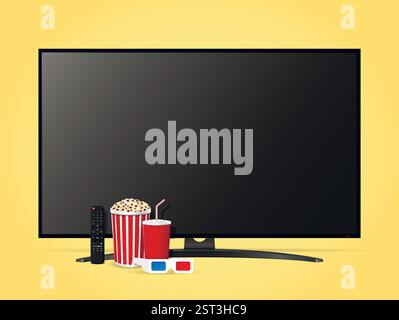 Realistic movie time vector illustration with modern smart tv, remote control, popcorn bucket, soda cup and 3d glasses Stock Vector