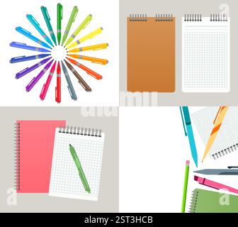 Set of four vector illustration with notebooks, pens and pencils. Stock Vector