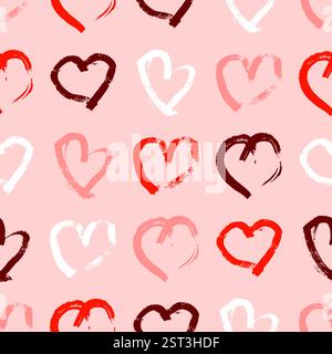 Seamless pattern with hand drawn hearts. Doodle grunge multicolor hearts on pink background. Vector illustration. Stock Vector