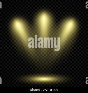 Cold yellow lighting with three spotlights. Scene illumination effects on a dark transparent background. Vector illustration Stock Vector