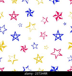 Seamless background of doodle stars. Multicolor hand drawn stars on white background. Vector illustration Stock Vector