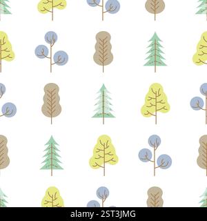 Seamless pattern with colored trees on white background. Vector illustration. Stock Vector