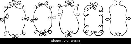 Doodle coquette frames with bows. Vintage scribble line wavy border with ribbons set. Vector cute curly rectangle and oval template for holiday menu. Stock Vector