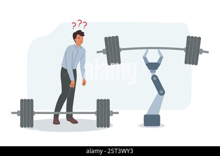 Introduction robotization upsets business man looking at robots arm with heavy barbell Stock Vector