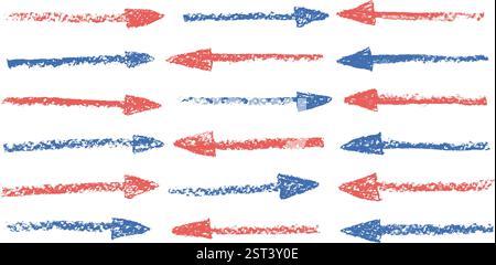 Arrows charcoal drawn. Straight thin pointers doodle elements set. Scribble freehand pastel marker sign. Vector direction symbols illustration by penc Stock Vector