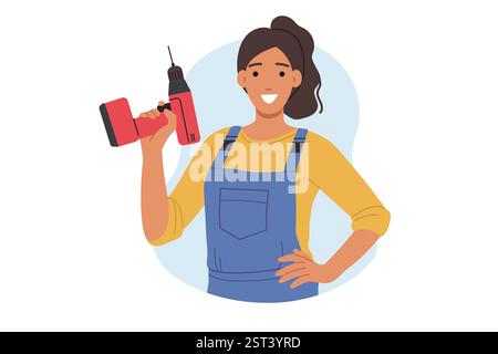 Happy female repairman holding electric screwdriver or drill and smiling looking at screen Stock Vector
