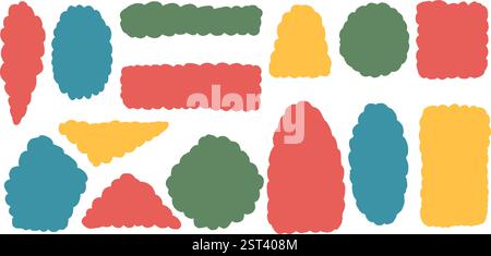 Kid scallop shape set. Childish text boxes frames pack. Oval, circle and rectangle figures. Vector hand drawn Quotation stickers shapes. Flat geometri Stock Vector