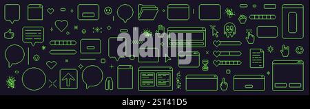 Pixel art retro windows interface. 8 bit text boxes with pointers cursors, arrow and sparkles. Green stroke console pixel folder, digital document in Stock Vector