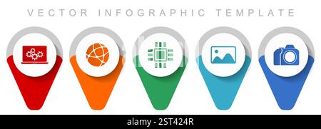 Computer and technology pointer collection, miscellaneous icons such as laptop, network, chip, image and photo camera, flat design vector infographic Stock Vector