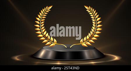 Gold award round podium with laurel wreath, ribbon, star, shiny glitter ...