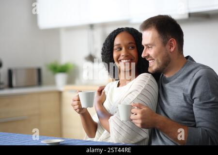 Happy couple in love looking each other at coffee time in the kitchen at home Stock Photo