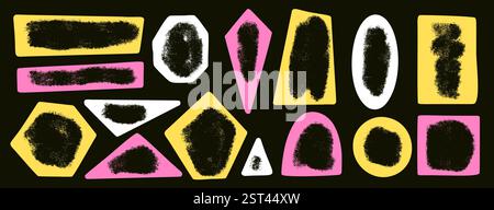 Kids paint geometric shapes with empty space set. Text boxes paint spray textured frames. Rounded and square figures. Vector hand drawn quotation stic Stock Vector