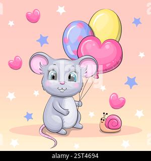 Cute cartoon mouse with balloons and snail. Vector illustration of an animal on a pink background with hearts and stars. Stock Vector