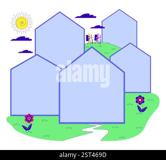 Whimsical landscape with blank houses frames and hikers 2D illustration concept Stock Vector